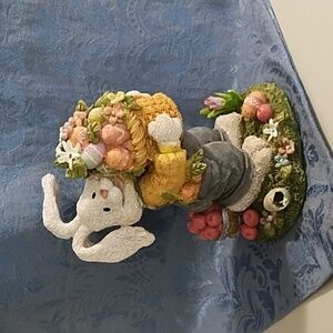 Charming Easter Scape Bunny Figurine & Blue Table Runner 70" L X 13" W